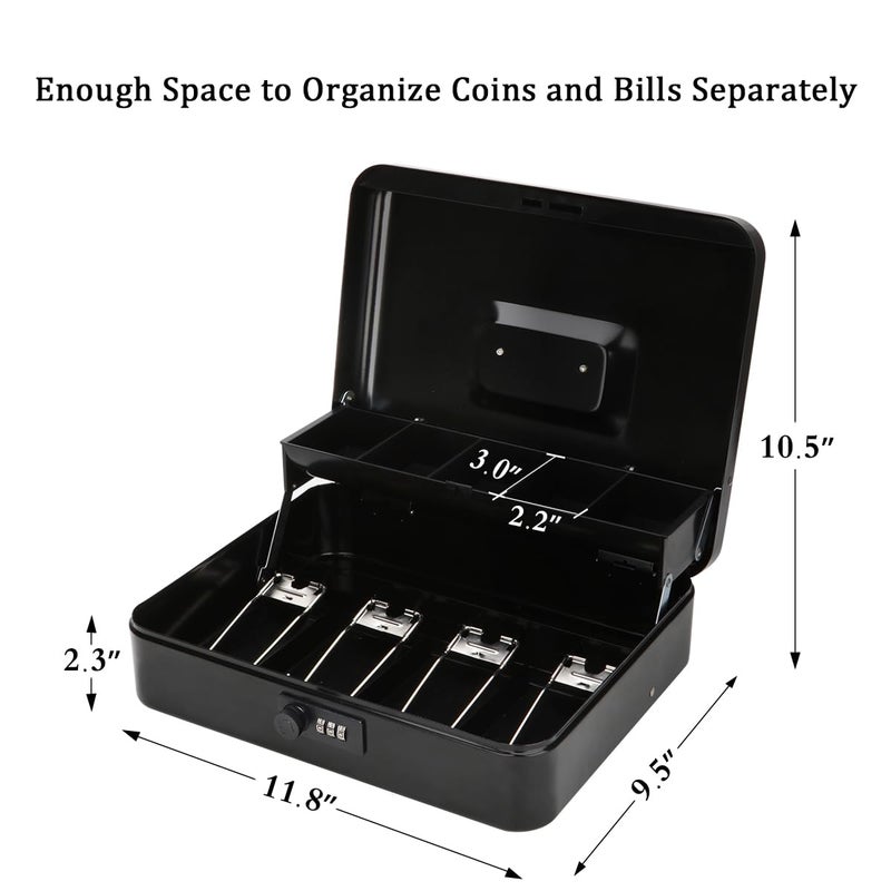 Jssmst Locking Large Metal Cash Box with Money Tray, Money Box with Combination Lock, Black - Image 4